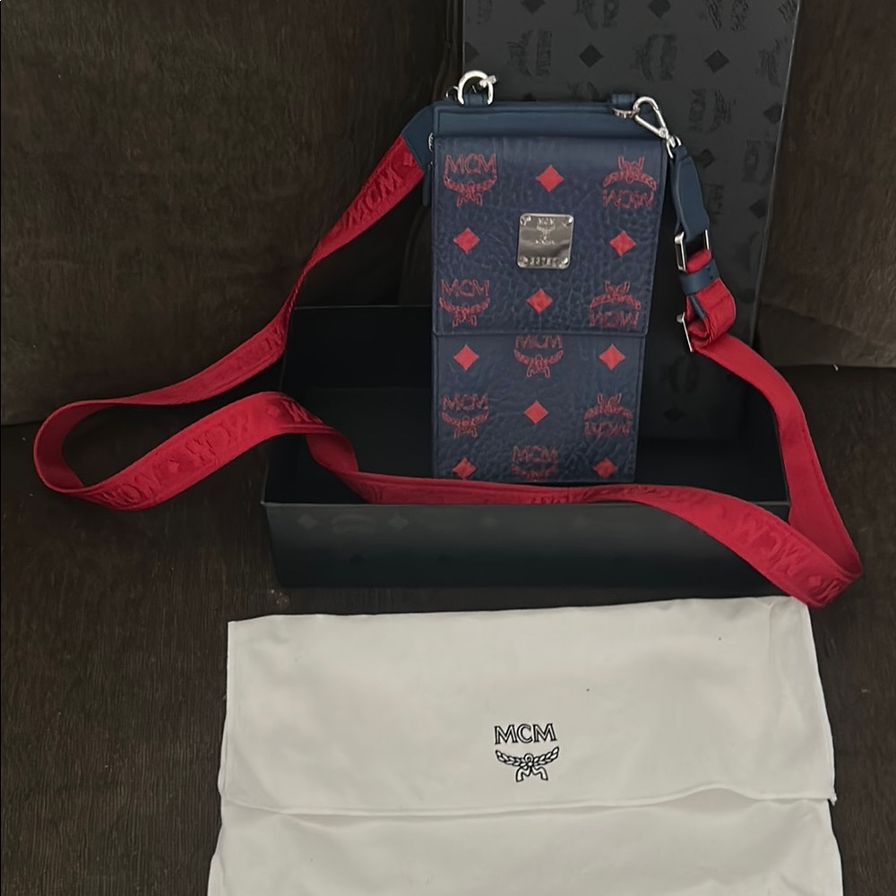 MCM Belt Bag in Blue and Red with Heart Design